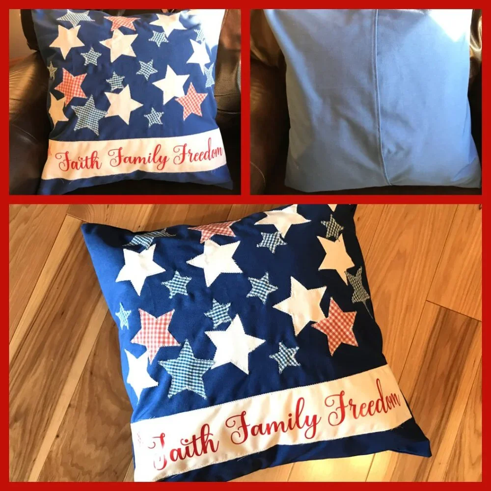 Patriotic Pillow Cover, Patchwork Stars Faith Family Freedom Applique 18 x 18